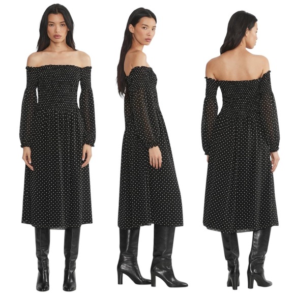 Wilfred Dresses & Skirts - Wilfred Margaret Chiffon off the shoulder Midi Dress Black White Polka Dot XS